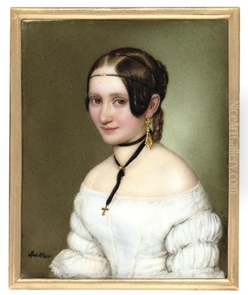 A Young Lady, In Off-the-shoulder White Dress Oil Painting by Jacob Spelter