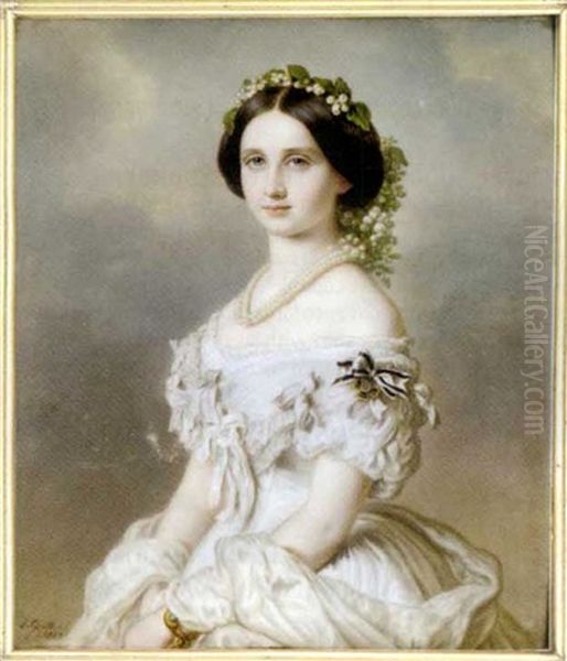 Louise, Grand Duchess Of Baden, In White Silk Dress With Bows Pinned On The Bodice And Sleeves, Holding A White Silk Stole Draped Around Her Arms And Waist, Gold Bracelet ... Oil Painting by Jacob Spelter