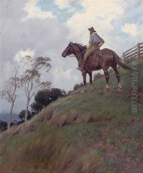 A Mounted Stockman Oil Painting by Percy Frederick Seaton Spence