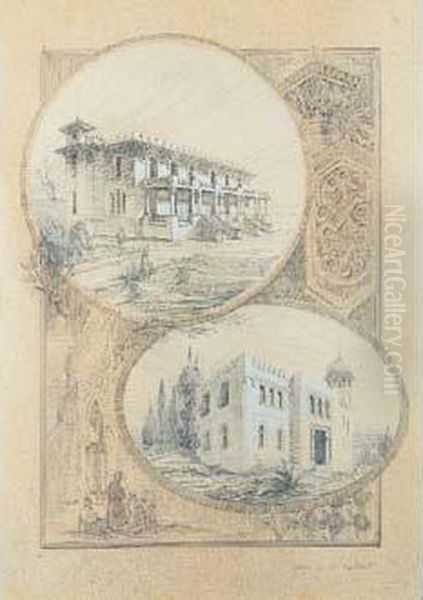 Deux Villas Orientales A Beyrouth.vers 1923. Crayon Noir Et Rehauts De Craie Blanche. Oil Painting by Raoul-Jacques Brandon