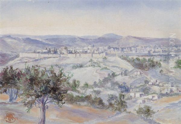 Panoramic View Of Jerusalem, East Side From The Lower Slopes Of Mount Scopus Oil Painting by Thomas Ralph Spence