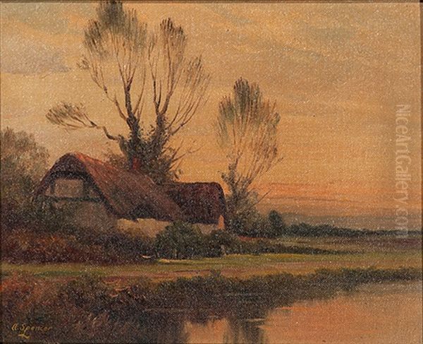 Countryside River Bank Landscape (2 Works) by Augustus Spencer