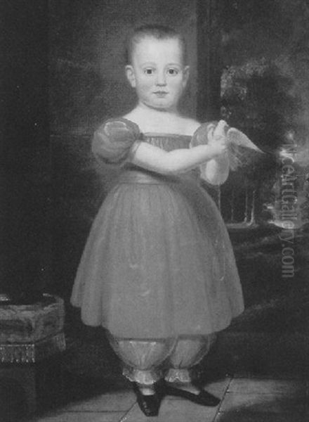 Portrait Of A Child In A Red Dress Standing Before An Open Doorway And Holding A Dove Oil Painting by Frederick Randolph Spencer