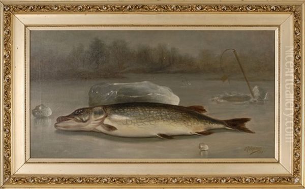 Ice Fishing Scene, Fresh Pike Oil Painting by John Clinton Spencer