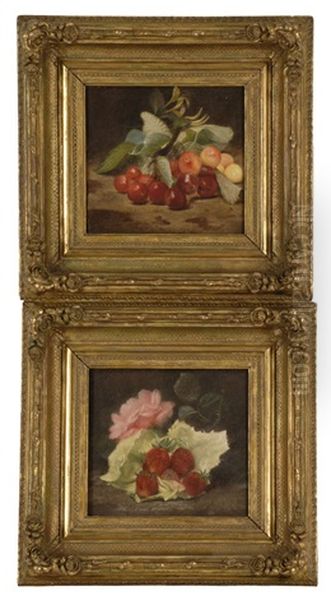 Strawberries, A Lettuce, Leaf And A Rose And Cherries And Cherry Branch (pair) Oil Painting by Lilly Martin Spencer