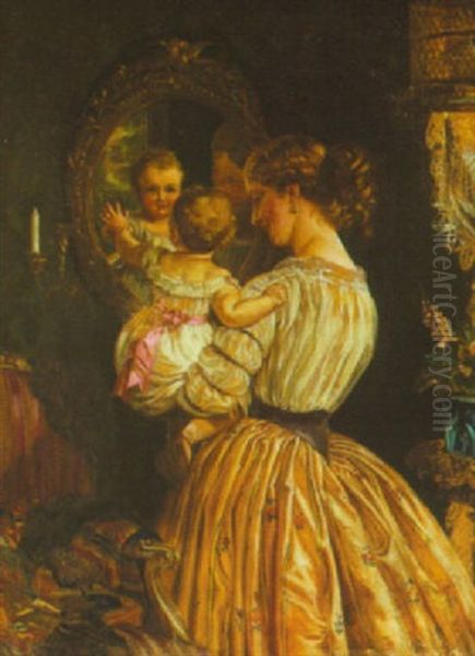 The Reflection In The Mirror, Mother And Child Oil Painting by Lilly Martin Spencer