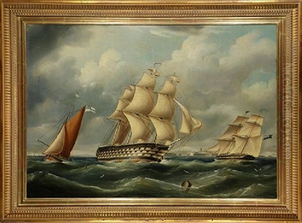 Tall Ships At Sea Oil Painting by Richard B. Spencer