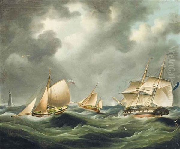 A Royal Navy Frigate And Other Shipping In A Heavy Swell Off The Eddystone Lighthouse; Shipping In A Stiff Breeze (illustrated) (pair) Oil Painting by Richard B. Spencer