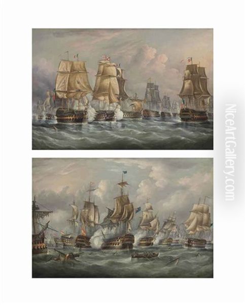 The Battle Of Trafalgar - H.m.s. Victory Breaking Through...(+ H.m.s. Victory Bringing The Body Of Lord Nelson Back To Gibraltar; Pair) Oil Painting by Richard B. Spencer