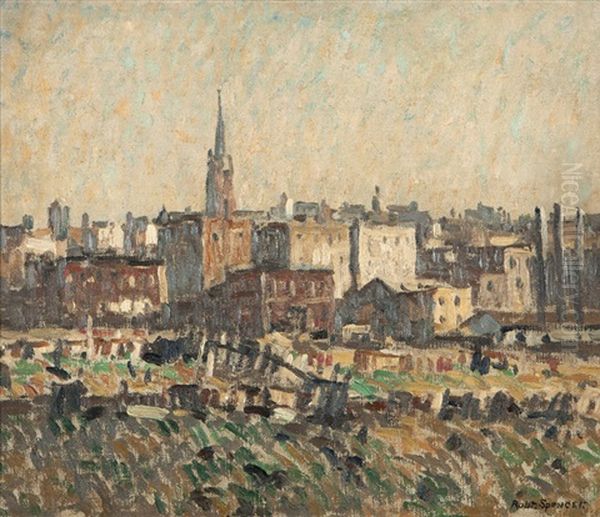 Note Of The City, No 2, City View With Church Spire Oil Painting by Robert Spencer