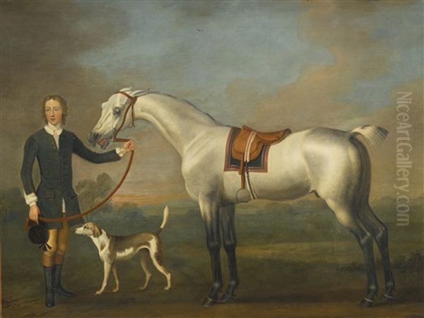 A Gray Hunter Held By A Groom Oil Painting by Thomas Spencer