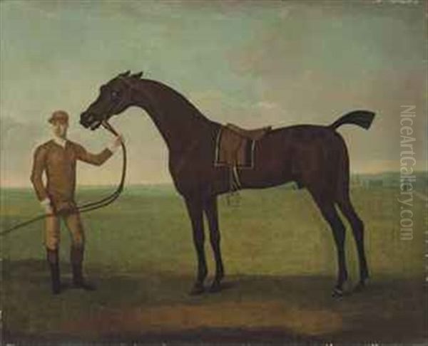 Fearnought With Jockey, Probably Match'em Timms, At Newmarket, Saint Mary's Church Beyond Oil Painting by Thomas Spencer