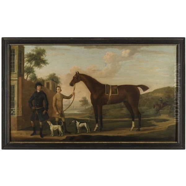 A Huntsman With His Bay Hunter, Held By A Groom, With Two Hounds Outside A Country House Oil Painting by Thomas Spencer