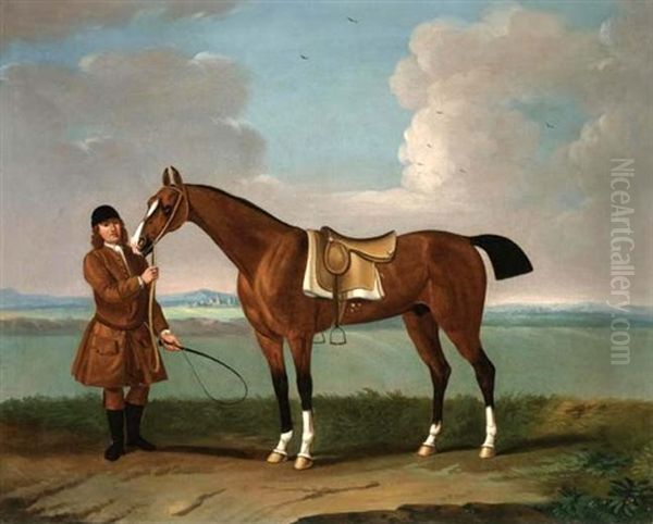 Blaze, Held By A Groom On Newmarket Heath Oil Painting by Thomas Spencer