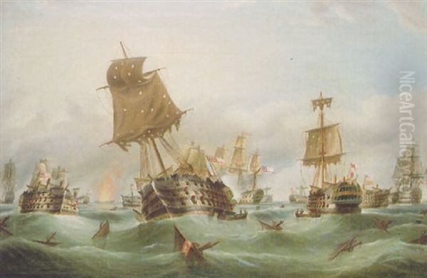 The Battle Of Trafalgar, Late In The Day Oil Painting by William Barnett Spencer