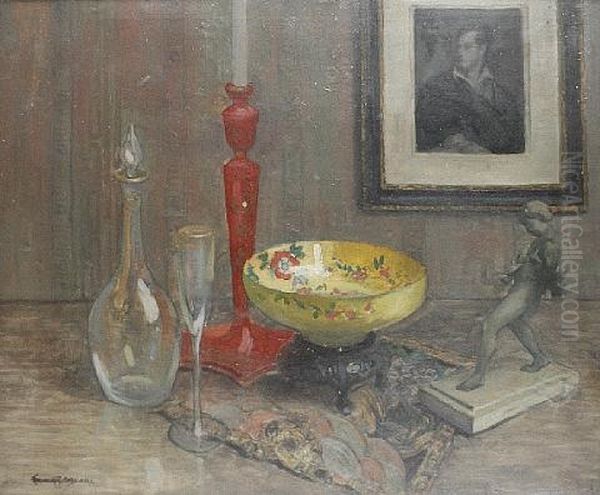 Still Life With Bowl And Red Candlestick Oil Painting by Franck Spenlove-Spenlove