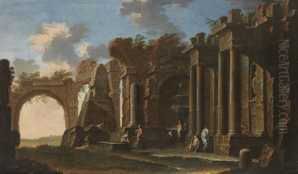 An Architectural Capriccio With Figures Resting Before A Fountain Oil Painting by Clemente Spera