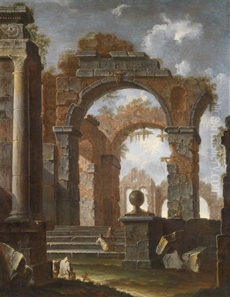 Ein Ruinencapriccio Mit Ruhenden Bauern Und Einem Monch Oil Painting by Clemente Spera