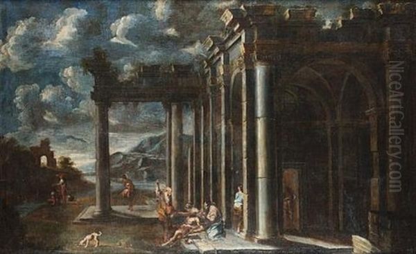 An Architectural Capriccio With Christ Giving The Keys To Peter (+ An Architectural Capriccio With Saints Peter And John Healing A Cripple; Pair) Oil Painting by Clemente Spera