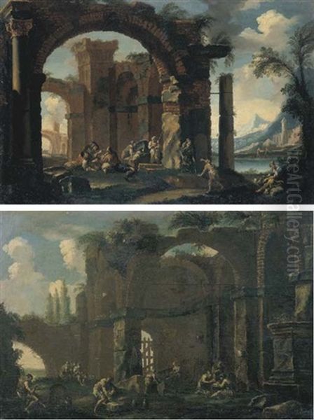 Rovine Classiche Con Figure E Castello In Lontananza (+ Rovine Classiche Con Mendicanti In Primo Piano; 2 Works, By The Artist & A Collab.) Oil Painting by Clemente Spera