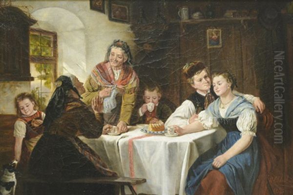 Bauernfamilie Am Kaffeetisch Oil Painting by Johann Sperl