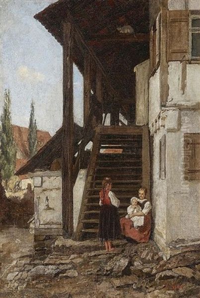 Two Peasant Girls And Small Child On Wooden Stairs Oil Painting by Johann Sperl