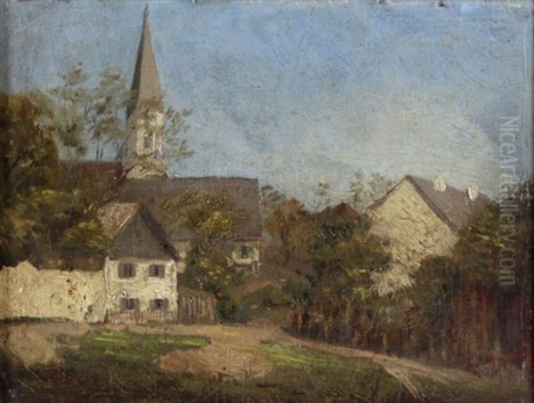 Hauser Und Garten Am Dorfrand Mit Blick Auf Den Kirchturm Oil Painting by Johann Sperl