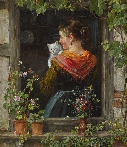 Junge Frau Mit Katze Oil Painting by Johann Sperl