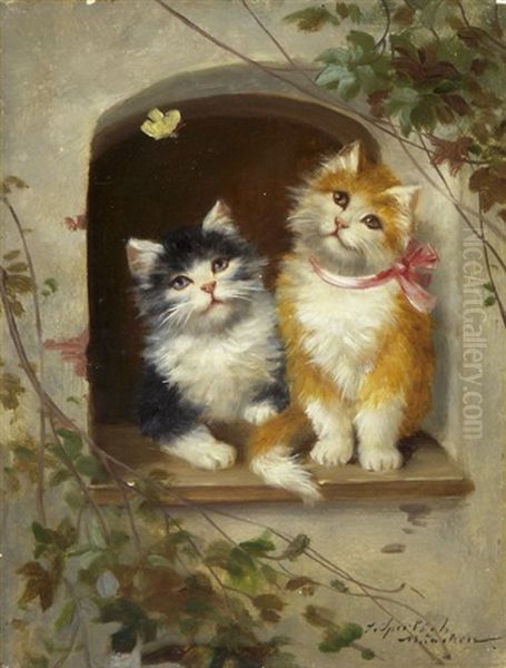 Zwei Katzen Auf Einem Fenstersims Oil Painting by Josef Sperlich