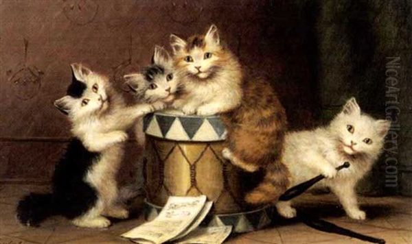 Vier Katzen Spielen Mit Einer Trommel Oil Painting by Josef Sperlich