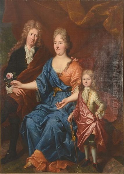 Portrait Of A Seated Lady, Children And Spaniel With Maid Behind...; Family Portrait Of A Seated Lady Holding A Rose With Husband And Child... (2 Works) Oil Painting by Peter Sperwer