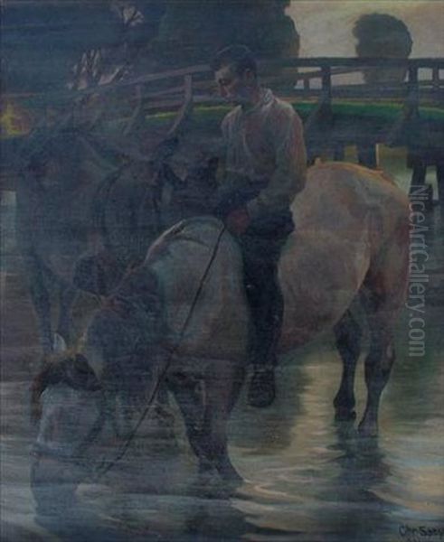 Landscape With Man On Horseback With Plow Horse On Lead Watering At Stream With Wooden Bridge In Background Oil Painting by Christian Georg Speyer