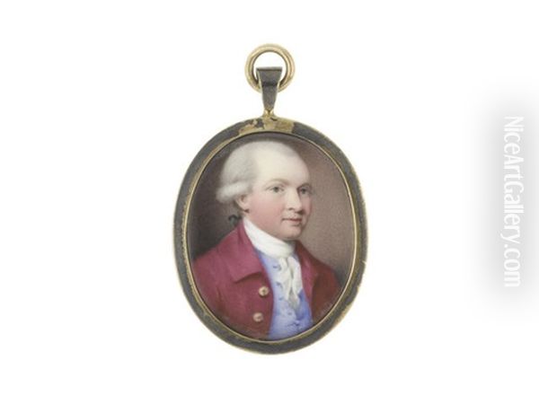 A Gentleman, Wearing Crimson Coat And Pale Blue Waistcoat, White Stock And Lace Cravat, His Powdered Wig Worn En Queue And Tied With Black Ribbon Oil Painting by Henry Spicer