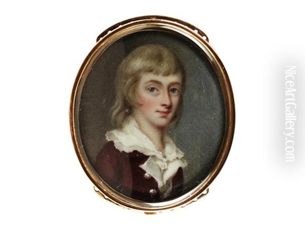 A Portrait Miniature Of The Hon. Thomas Dawson, Wearing Plum Jacket With Pearl Buttons, White Waistcoat And Chemise With Frilled Edge To His Collar, His Blond Hair Worn To His Shoulders Oil Painting by Henry Spicer