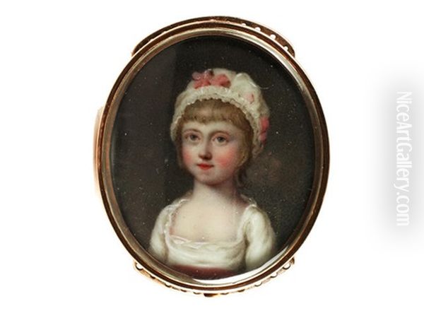 A Portrait Miniature Of The Hon. Juliana Dawson, Wearing White Dress With Pink Sash To Her Waist, Her White Bonnet Finished With Matching Pink Ribbon Oil Painting by Henry Spicer