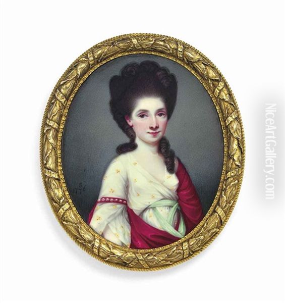 A Young Lady, In Sprigged White Dress With Peppermint Green Sash, Red Cloak Draped Over Her Left Shoulder And Fastened By A Pearl-set Armlet On Her Right Arm, Upswept Dark Hair Dressed In Ringlets Oil Painting by Henry Spicer