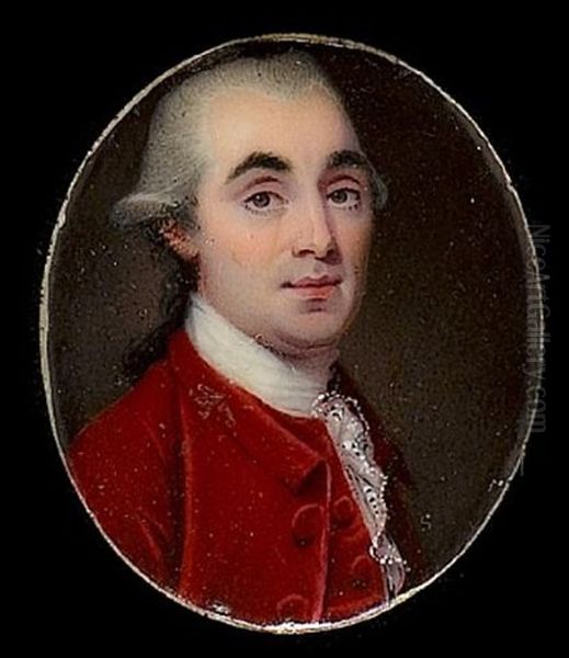 A Gentleman, Wearing Red Coat, Waistcoat And White Lace Cravat, His Powdered Hair Worn En Queue Oil Painting by Henry Spicer