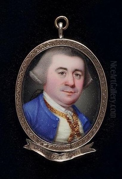 A Gentleman (admiral Byng?) Wearing Blue Coat, Cream Waistcoat With Gold Edging, Frilled White Shirt And Powdered Hair Worn En Queue Oil Painting by Henry Spicer