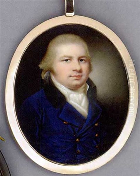 A Gentleman In Blue Coat With Gold Buttons And Black Collar, White Waistcoat And Cravat, Powdered Hair Oil Painting by Henry Spicer