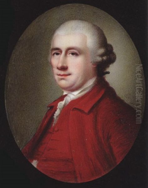 David Garrick, His Powdered Hair En Queue And In Side Buckles, Wearing Crimson Coat, Matching Waistcoat And Frilled White Cravat Oil Painting by Henry Spicer