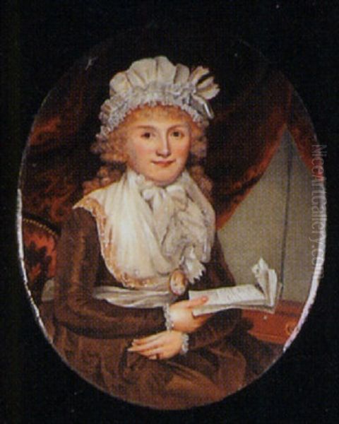 Portrait Of A Lady (the Artist's Wife?) Seated, In Red Damask Chair, In Brown Dress With White Lace-trimmed Fichu Oil Painting by Henry Spicer