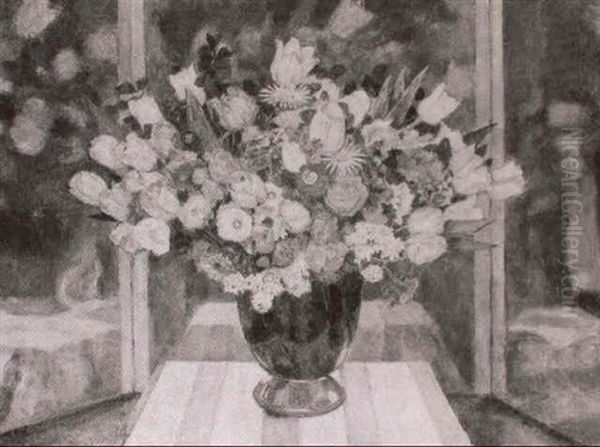 Flowers In A Vase Before A Triptych Mirror Oil Painting by Ferdinand Spiegel