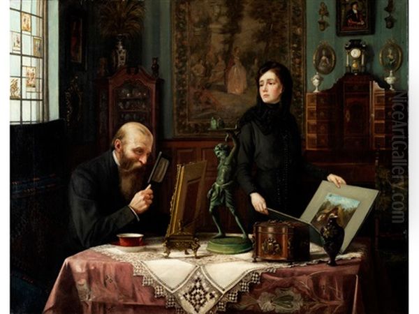 Der Kunsthandler Im Hause Einer Reichen Sammlung Oil Painting by Carl Johann Spielter