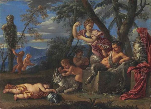 A Bacchanal With A Drunken Pan And Cavorting Putti Before A Term Oil Painting by Karel Philips Spierincks