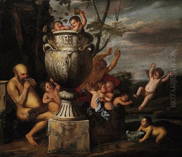 A Bacchanalian Scene With Pan An Putti Pressing Grapes - An Allegory Of Autumn Oil Painting by Karel Philips Spierincks