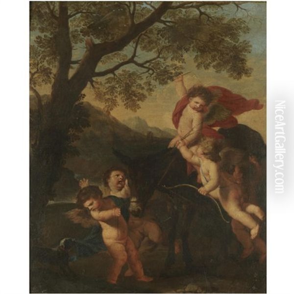 Putti Riding A Donkey In A Landscape Oil Painting by Karel Philips Spierincks