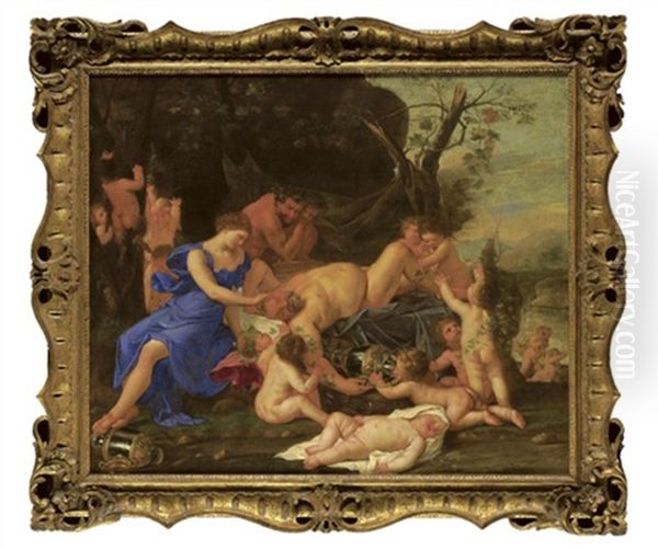 A Bacchanal With Two Fauns Looking At Drunken Silenus, With Putti Cavorting Oil Painting by Karel Philips Spierincks