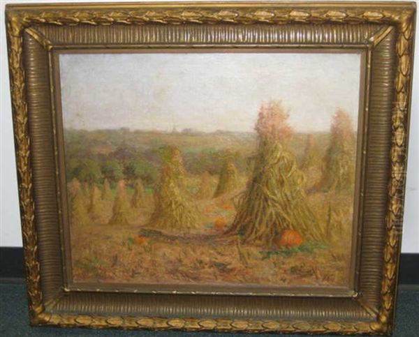 Haystacks And Pumpkins Oil Painting by Harry Spiers