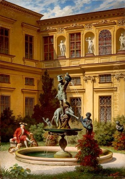 Eleganter Herr Mit Jagdhunden Vor Dem Perseusbrunnen, Grottenhof In Der Residenz In Munchen Oil Painting by August Spiess