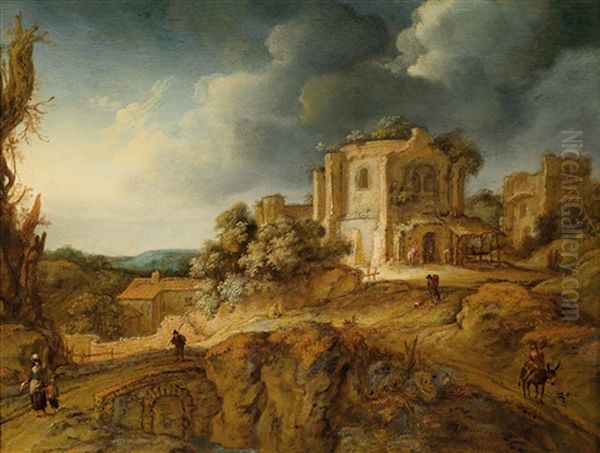 Ruinen Und Eine Brucke In Einer Hugeligen Landschaft Oil Painting by Johann Spilberg the Younger